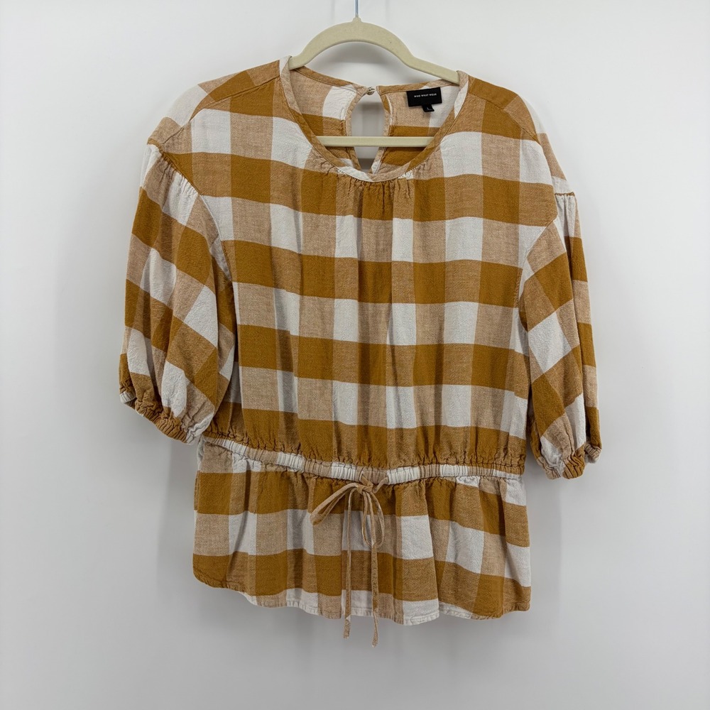 WHO WHAT WEAR Women's Mustard Yellow White Gingham Plaid Peplum Top Size‎ L